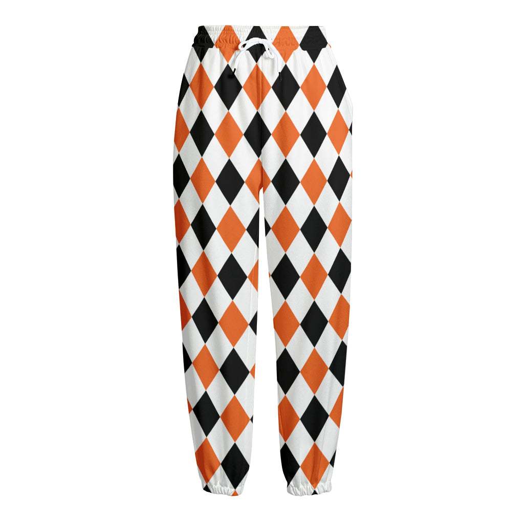 White Black And Orange Harlequin Print Fleece Lined Knit Pants