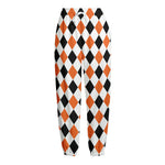White Black And Orange Harlequin Print Fleece Lined Knit Pants