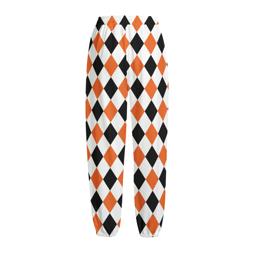 White Black And Orange Harlequin Print Fleece Lined Knit Pants