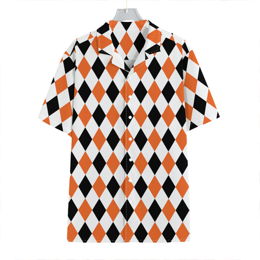 White Black And Orange Harlequin Print Hawaiian Shirt