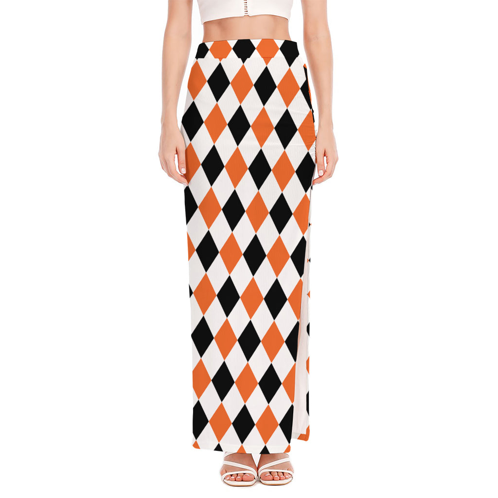 White Black And Orange Harlequin Print High Slit Maxi Skirt
