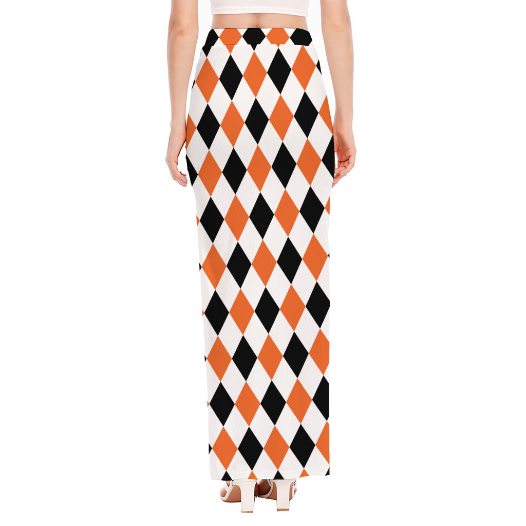 White Black And Orange Harlequin Print High Slit Maxi Skirt