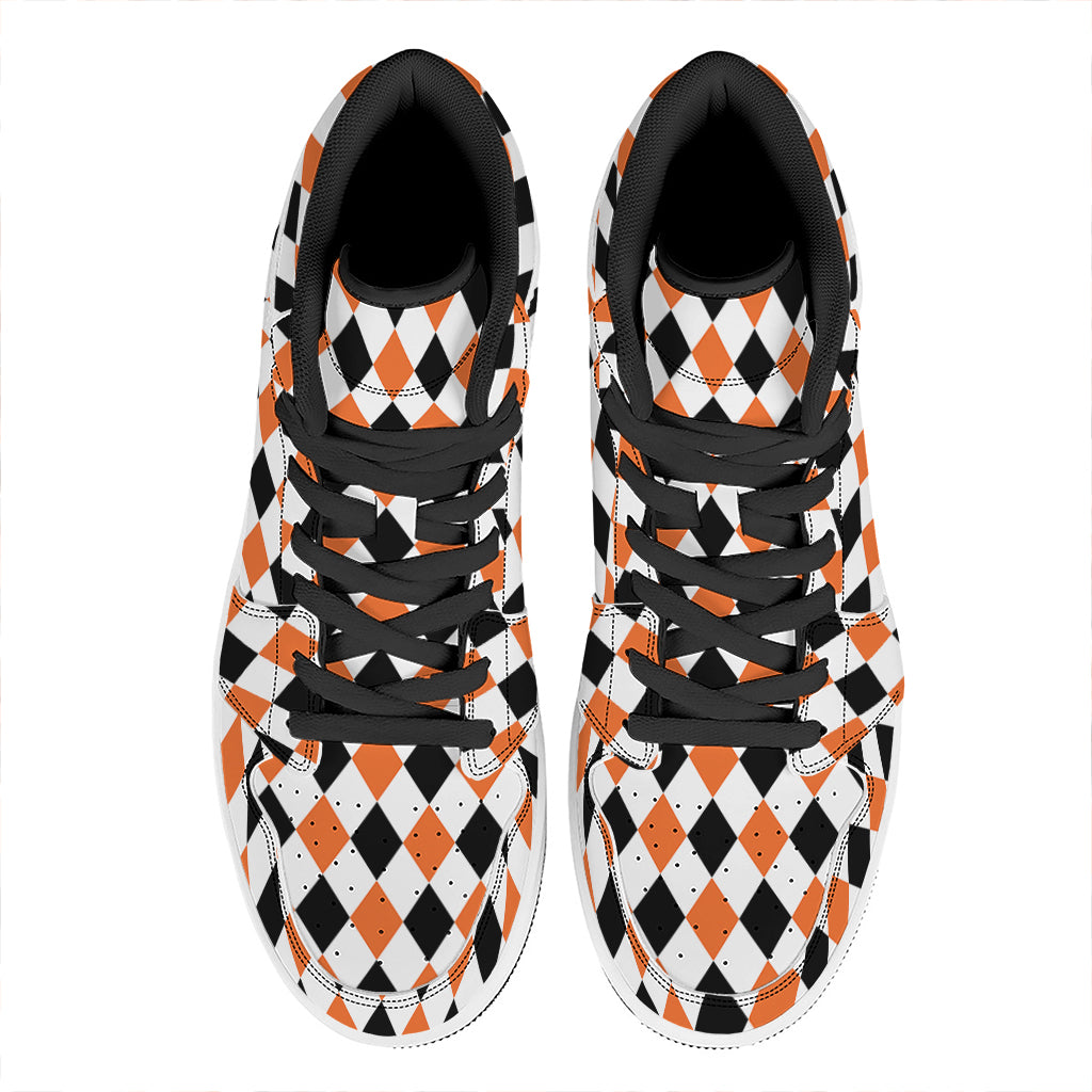 White Black And Orange Harlequin Print High Top Leather Sneakers