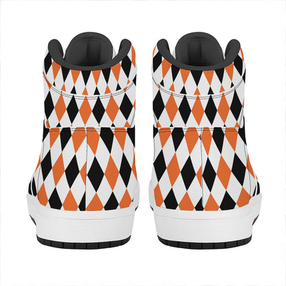 White Black And Orange Harlequin Print High Top Leather Sneakers