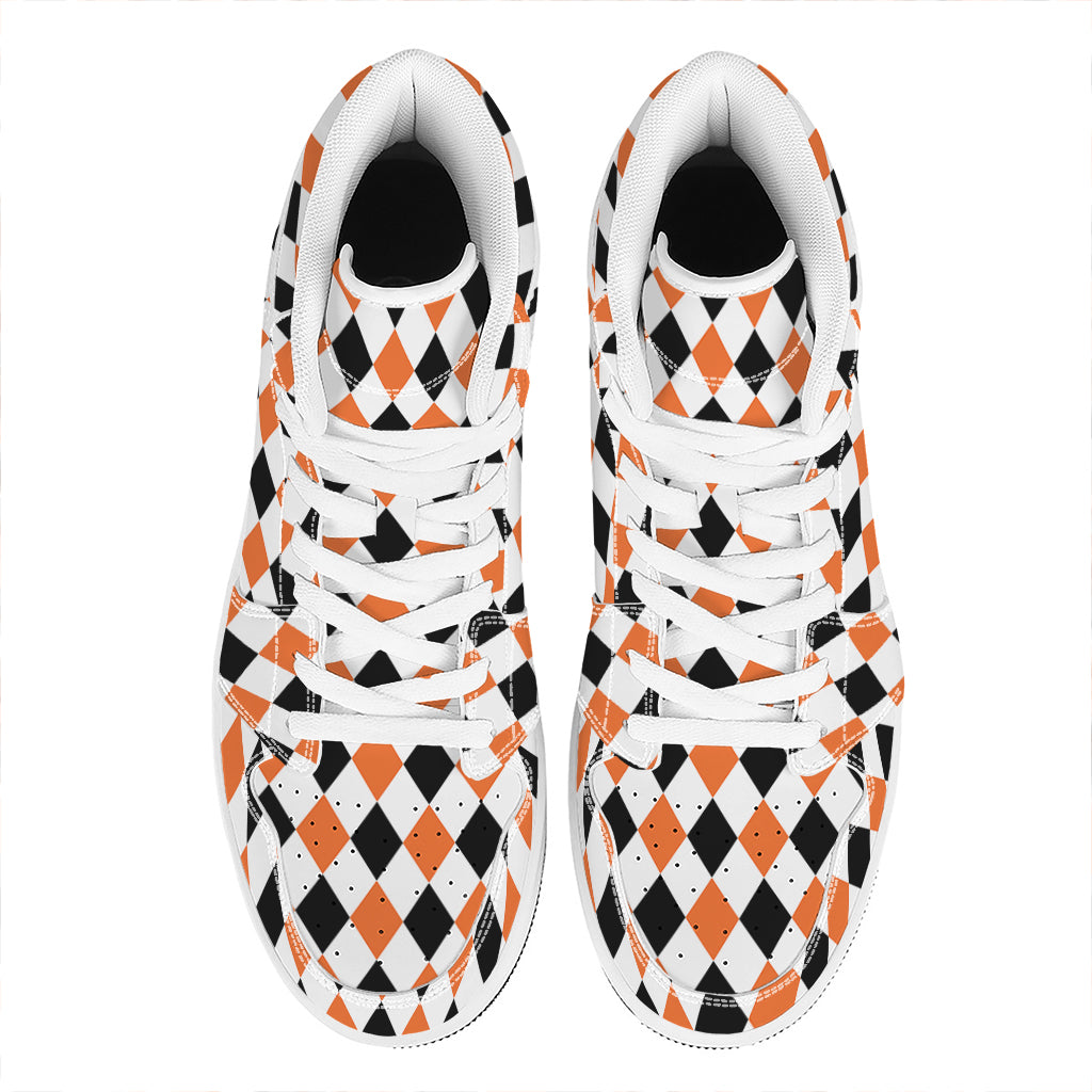 White Black And Orange Harlequin Print High Top Leather Sneakers