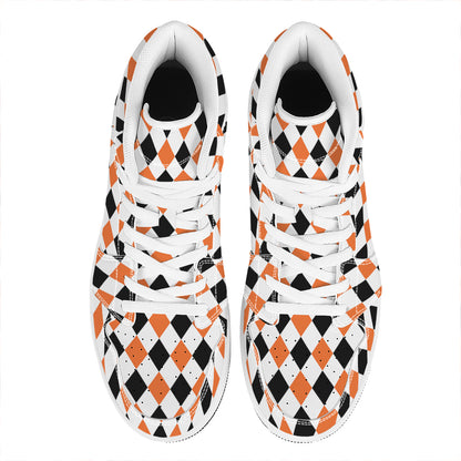 White Black And Orange Harlequin Print High Top Leather Sneakers