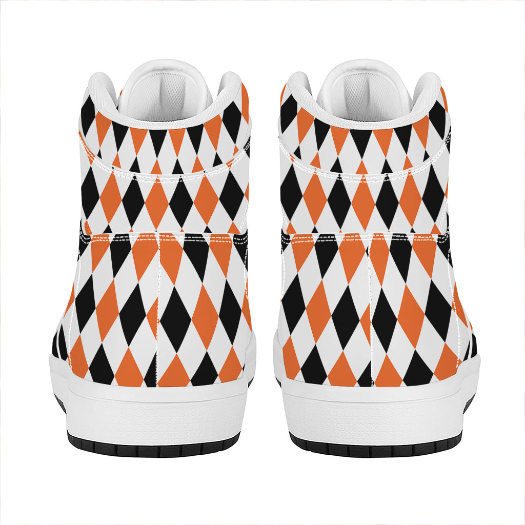 White Black And Orange Harlequin Print High Top Leather Sneakers