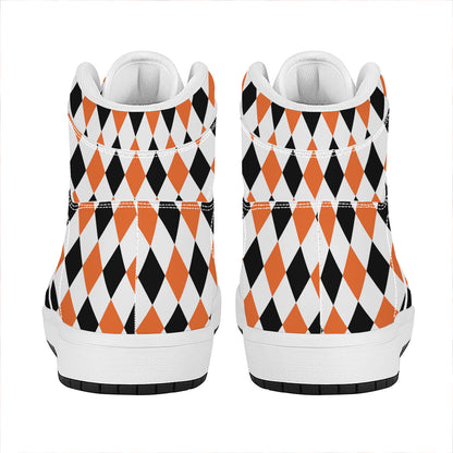White Black And Orange Harlequin Print High Top Leather Sneakers