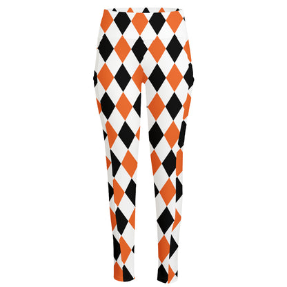 White Black And Orange Harlequin Print High-Waisted Pocket Leggings