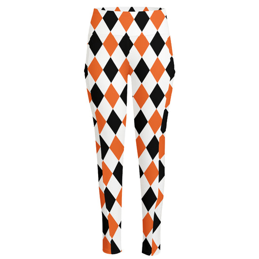 White Black And Orange Harlequin Print High-Waisted Pocket Leggings