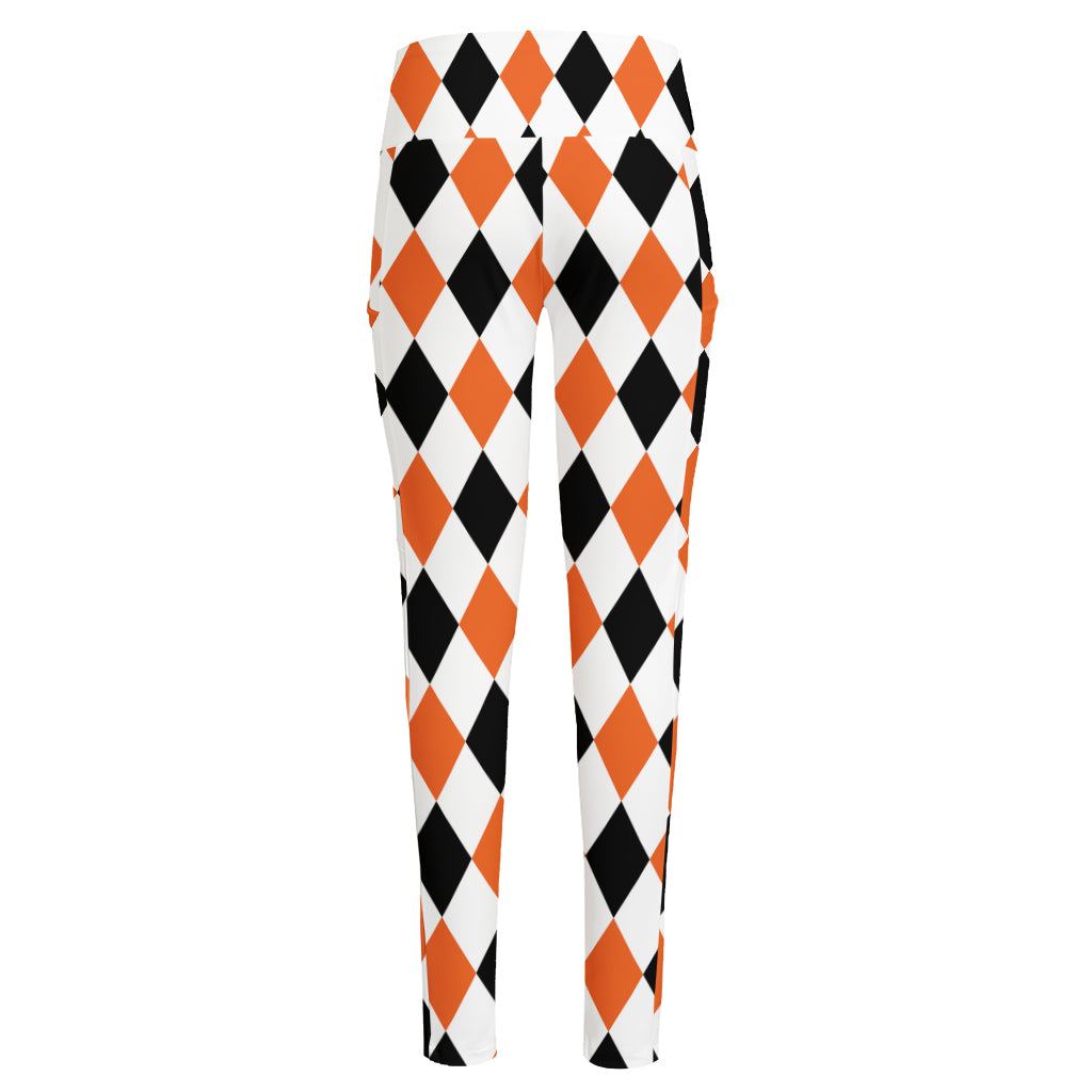 White Black And Orange Harlequin Print High-Waisted Pocket Leggings