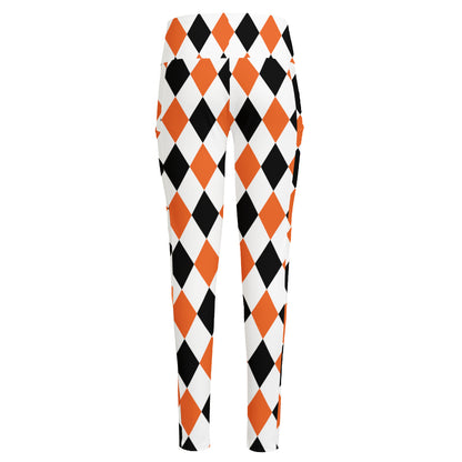 White Black And Orange Harlequin Print High-Waisted Pocket Leggings