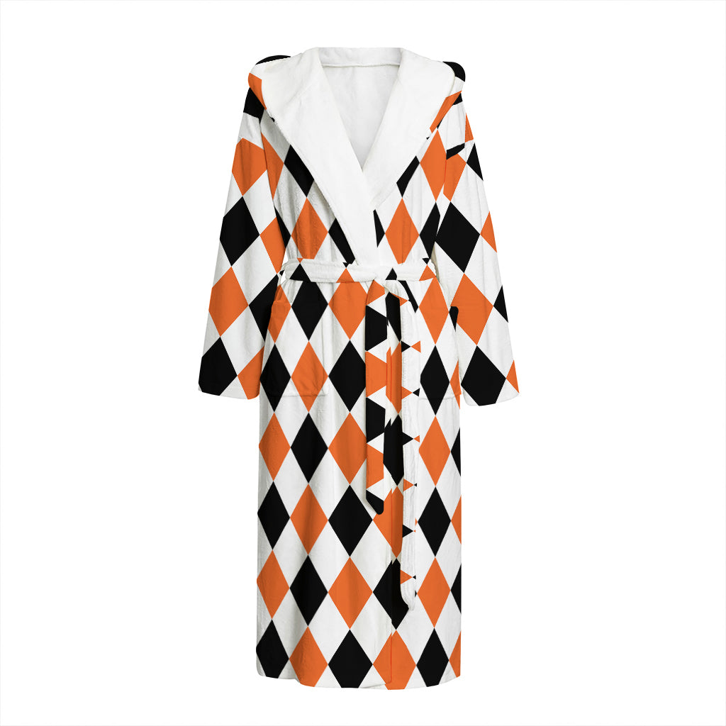 White Black And Orange Harlequin Print Hooded Bathrobe