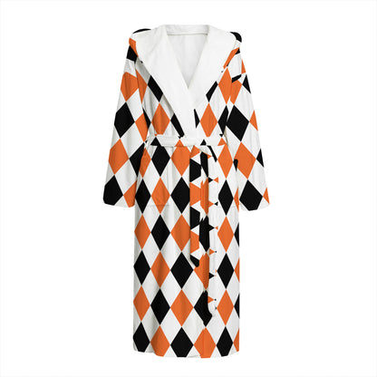 White Black And Orange Harlequin Print Hooded Bathrobe