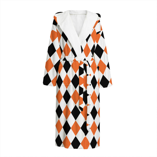 White Black And Orange Harlequin Print Hooded Bathrobe