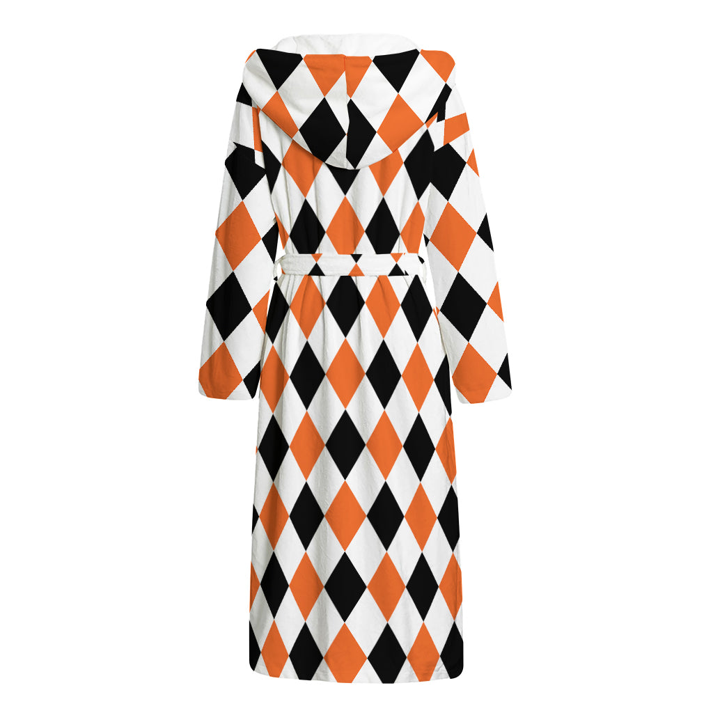 White Black And Orange Harlequin Print Hooded Bathrobe