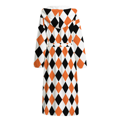 White Black And Orange Harlequin Print Hooded Bathrobe