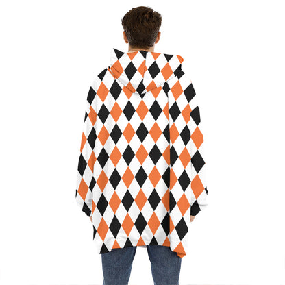 White Black And Orange Harlequin Print Hoodie Blanket
