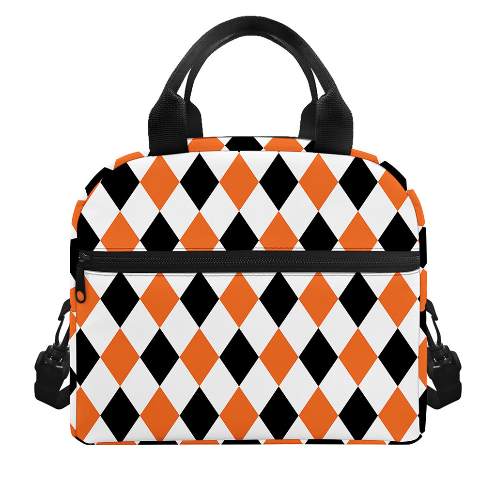 White Black And Orange Harlequin Print Insulated Lunch Bag