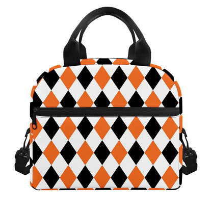 White Black And Orange Harlequin Print Insulated Lunch Bag