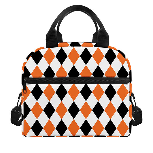 White Black And Orange Harlequin Print Insulated Lunch Bag
