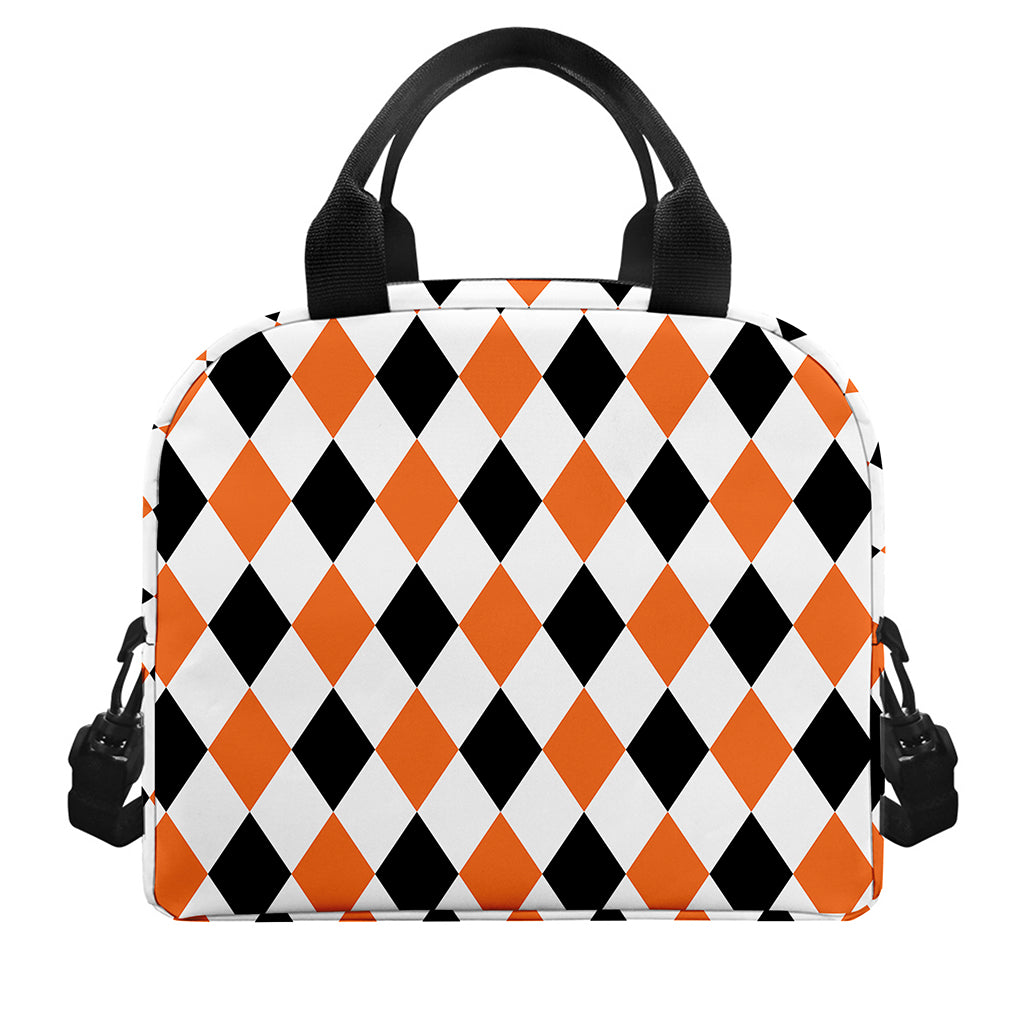 White Black And Orange Harlequin Print Insulated Lunch Bag