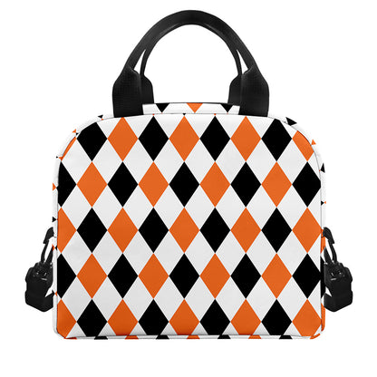 White Black And Orange Harlequin Print Insulated Lunch Bag