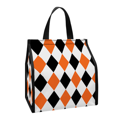 White Black And Orange Harlequin Print Insulated Lunch Tote