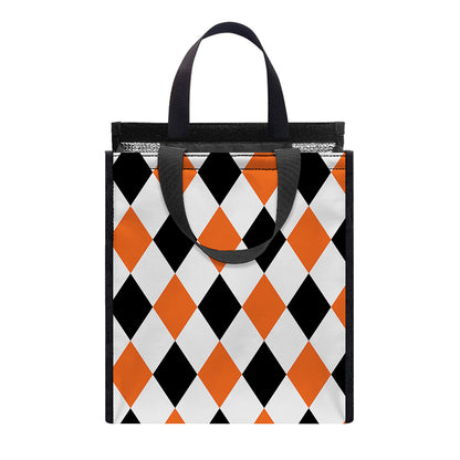 White Black And Orange Harlequin Print Insulated Lunch Tote