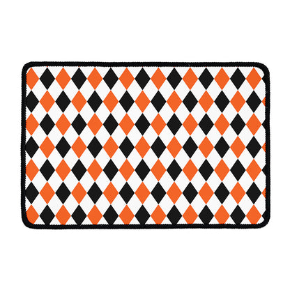 White Black And Orange Harlequin Print Kitchen Mat
