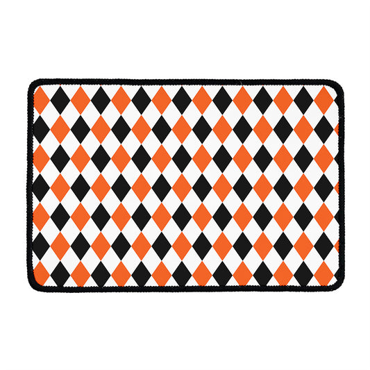 White Black And Orange Harlequin Print Kitchen Mat