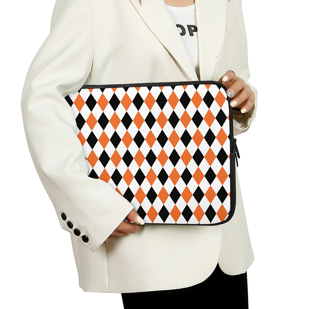 White Black And Orange Harlequin Print Laptop Sleeve