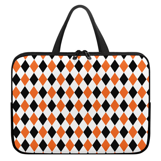White Black And Orange Harlequin Print Laptop Sleeve With Handle