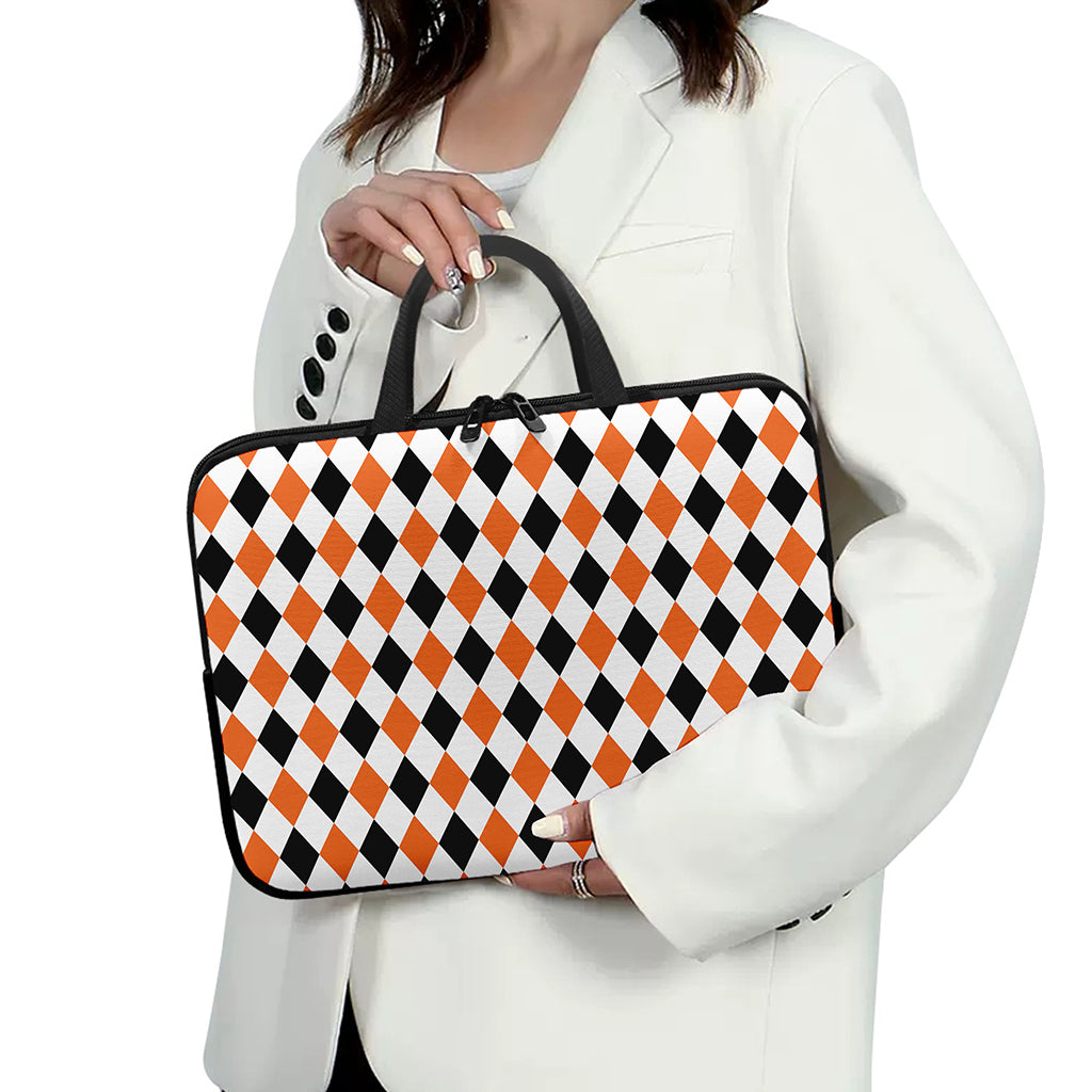 White Black And Orange Harlequin Print Laptop Sleeve With Handle