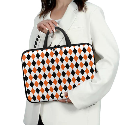 White Black And Orange Harlequin Print Laptop Sleeve With Handle