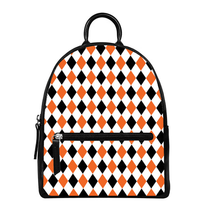 White Black And Orange Harlequin Print Leather Backpack