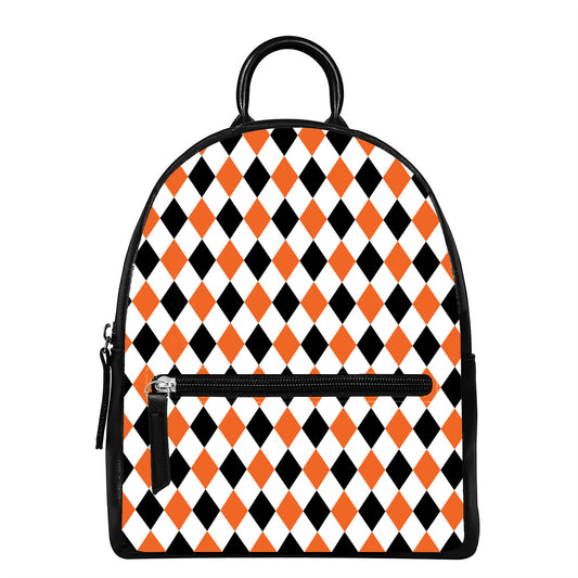 White Black And Orange Harlequin Print Leather Backpack