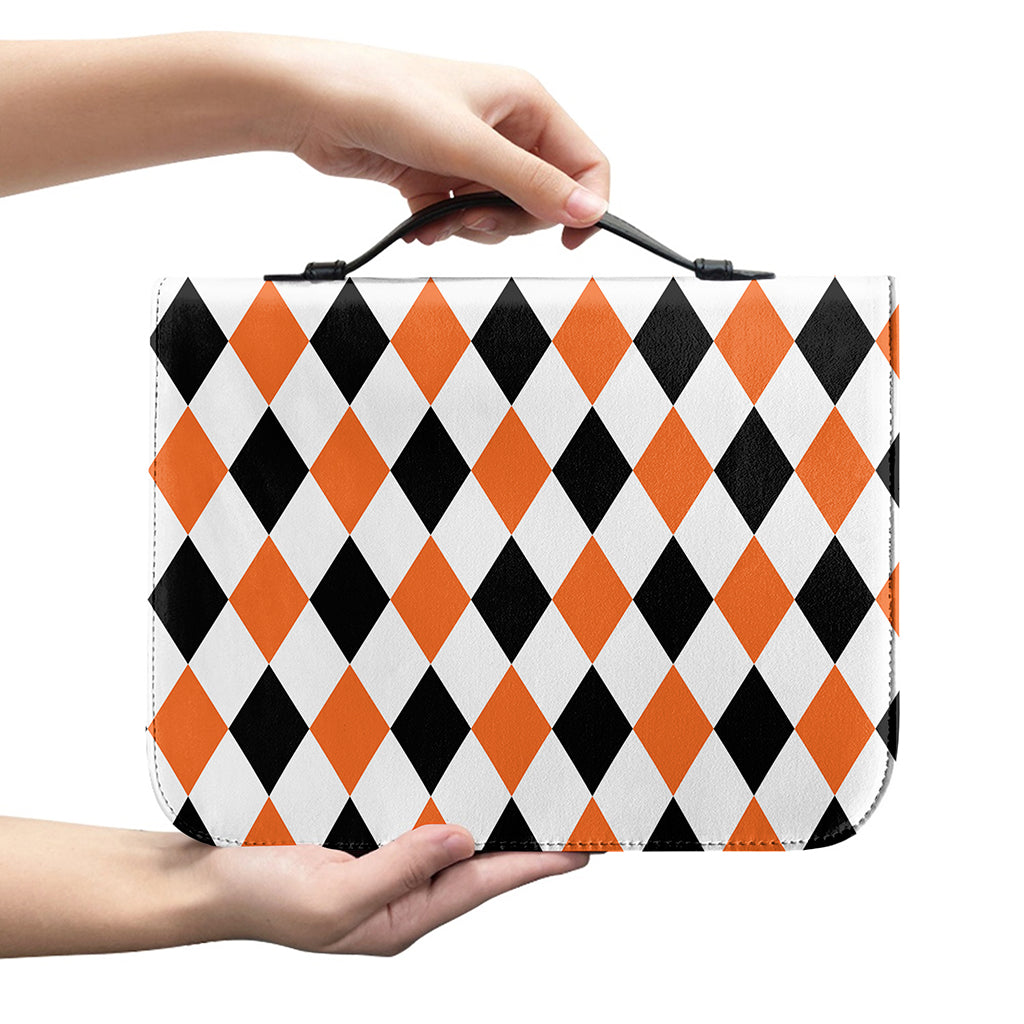 White Black And Orange Harlequin Print Leather Bible Cover