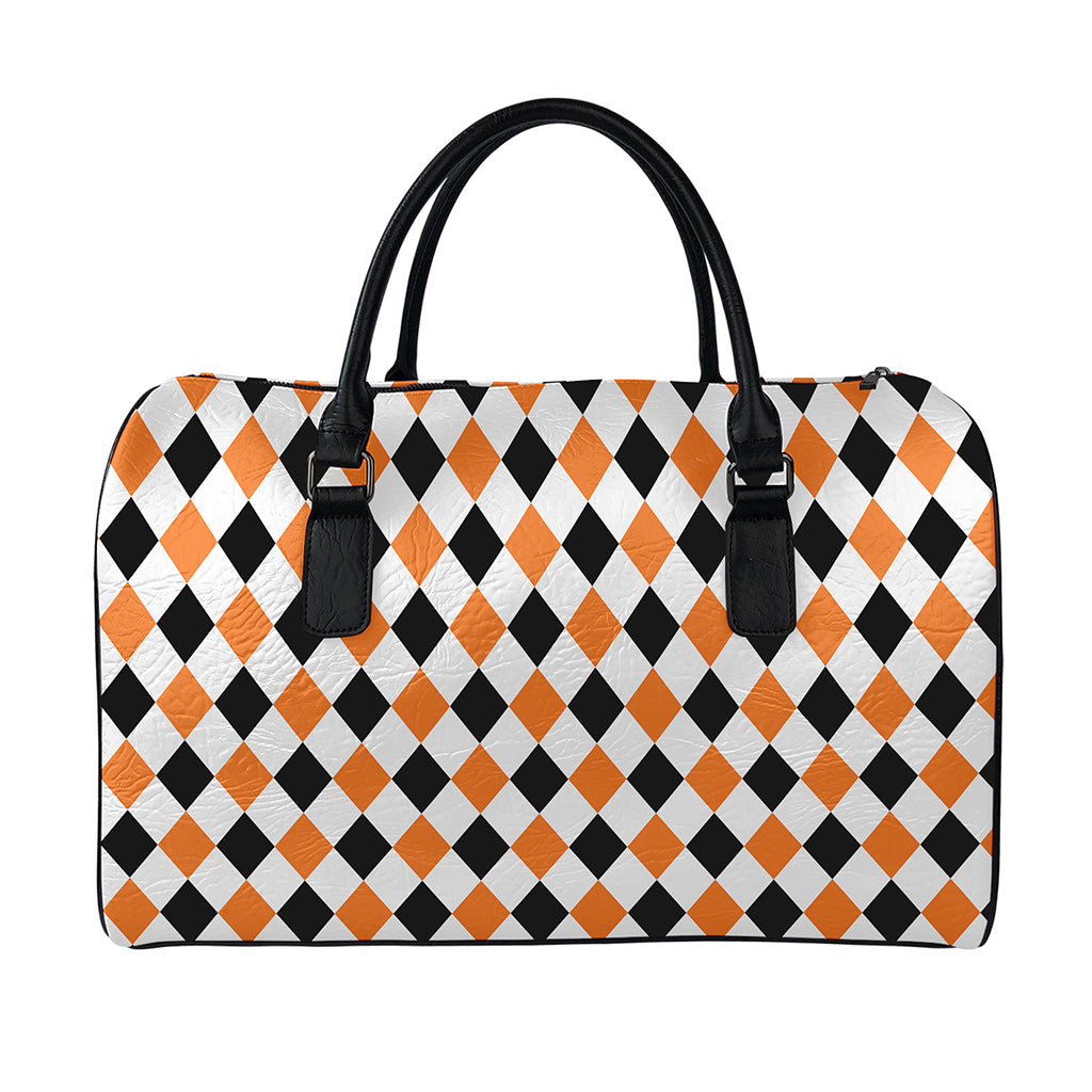 White Black And Orange Harlequin Print Leather Duffle Bag