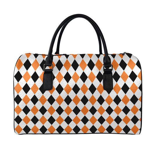 White Black And Orange Harlequin Print Leather Duffle Bag