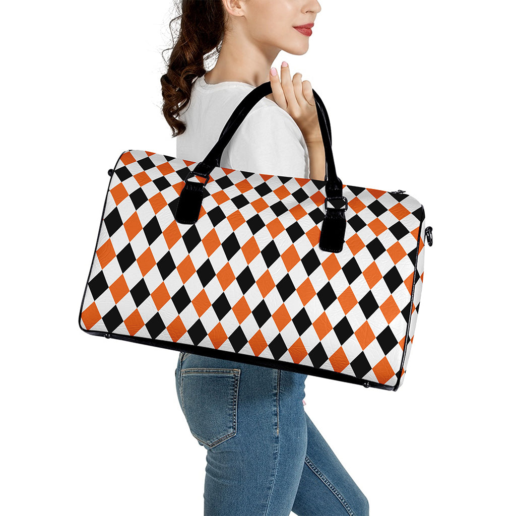White Black And Orange Harlequin Print Leather Duffle Bag