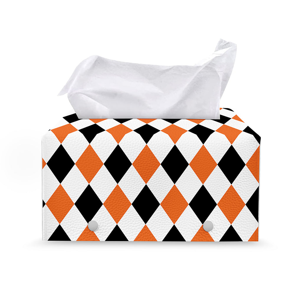 White Black And Orange Harlequin Print Leather Tissue Box Cover