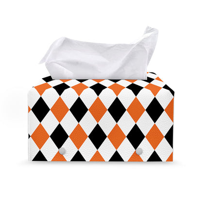 White Black And Orange Harlequin Print Leather Tissue Box Cover