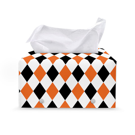 White Black And Orange Harlequin Print Leather Tissue Box Cover