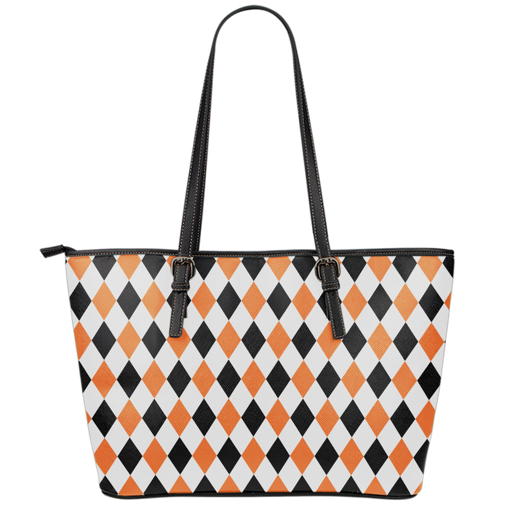 White Black And Orange Harlequin Print Leather Tote Bag