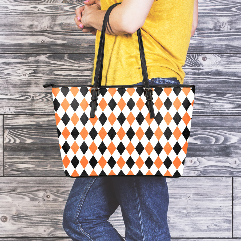 White Black And Orange Harlequin Print Leather Tote Bag