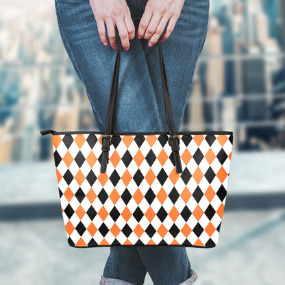 White Black And Orange Harlequin Print Leather Tote Bag