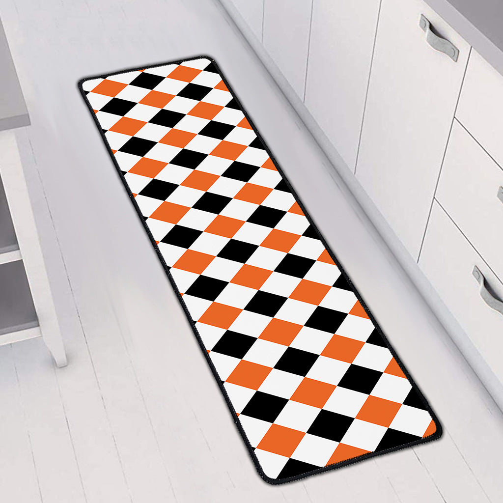 White Black And Orange Harlequin Print Long Kitchen Mat