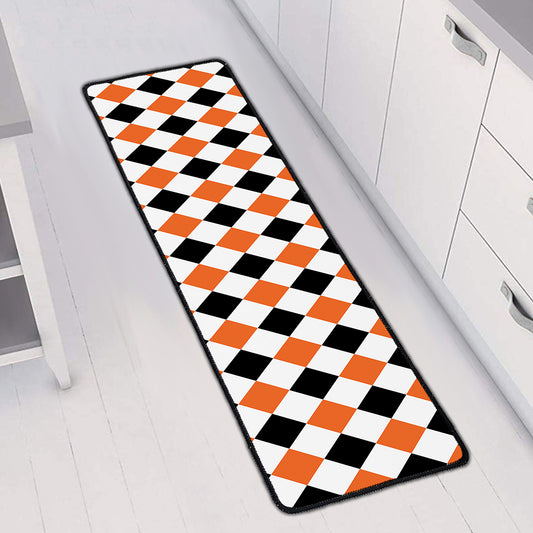 White Black And Orange Harlequin Print Long Kitchen Mat
