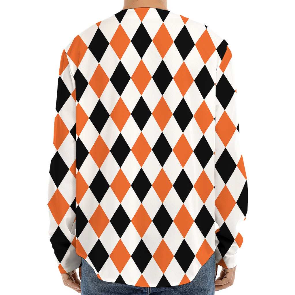 White Black And Orange Harlequin Print Long Sleeve Baseball Jersey